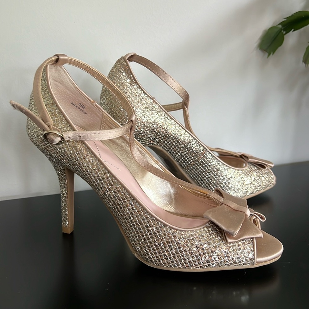 Crown Vintage Gold Glitter T-Strap Heels with Satin Bows 6.5